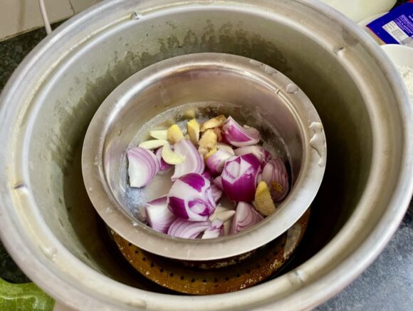 Boil/microwave onion, garlic and ginger