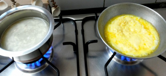 frying khoa and making sugar syrup