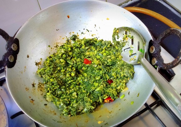 cooking Chaulai (amaranth)