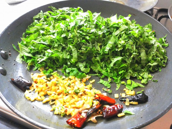 adding Chaulai (amaranth)