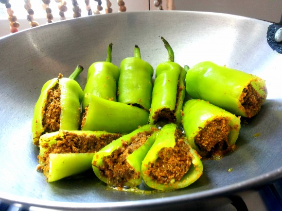 stuffed chilies in the pan