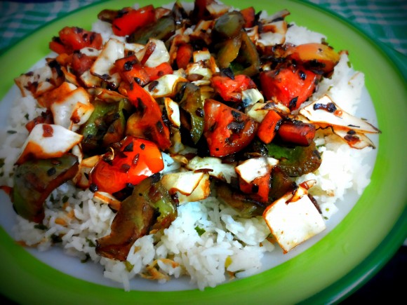 Cabbage, capsicum and carrot stir-fry with ginger rice.