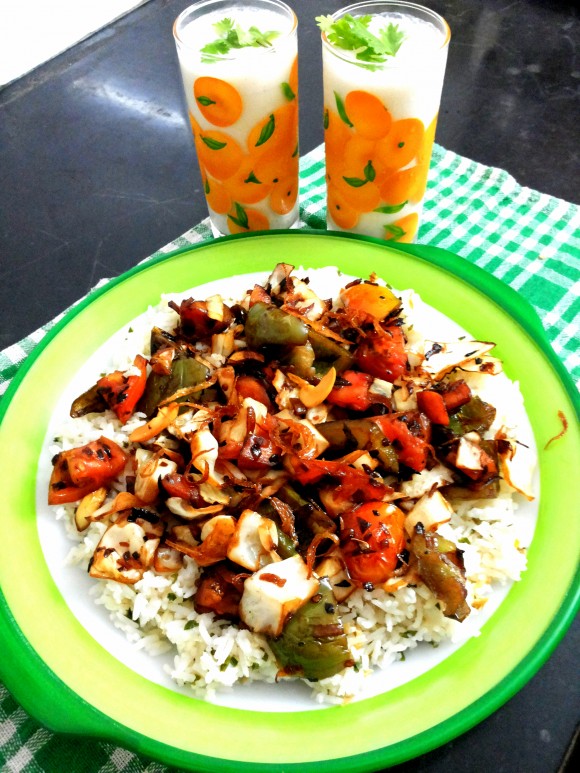 Cabbage, capsicum and carrot stir-fry with ginger rice.