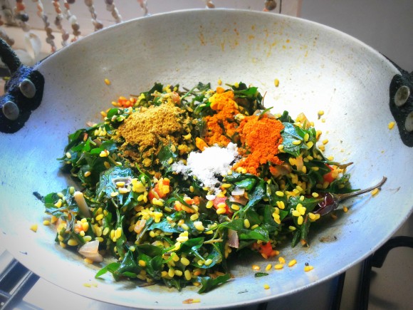 Add salt, red chili powder, coriander powder and turmeric powder 