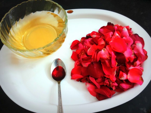 syrup and fresh rose petals