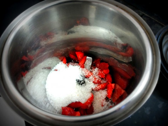 put chopped strawberry, and sugar