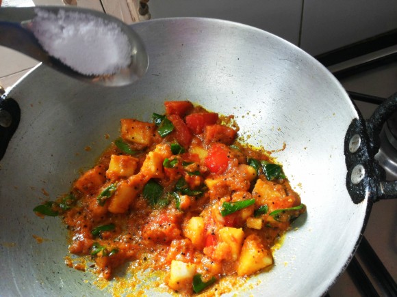 Add asafoetida, curry leaves, salt, turmeric power and chili powder
