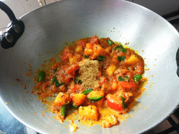 Add asafoetida, curry leaves, salt, turmeric power and chili powder