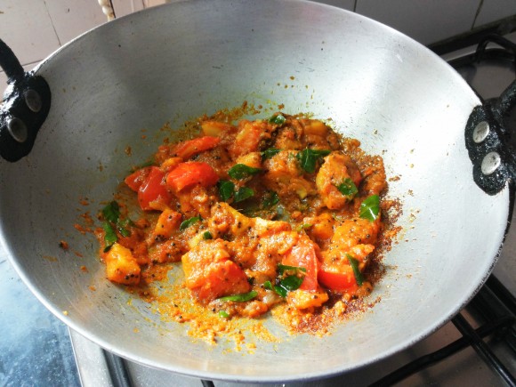 Add asafoetida, curry leaves, salt, turmeric power and chili powder