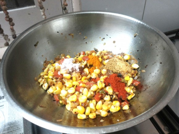Add salt, red chili powder, coriander powder and turmeric powder 