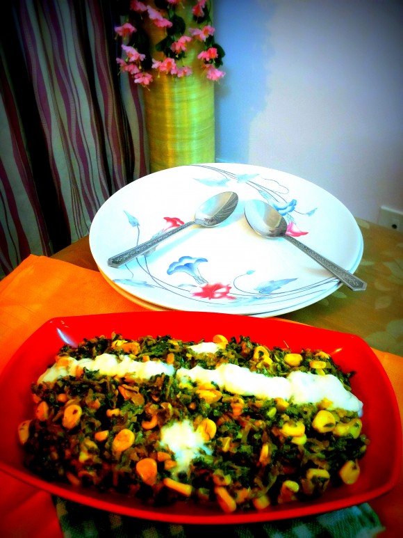 Fresh green methy (fenugreek leaves) makai (sweet corn) malai (fresh cream)
