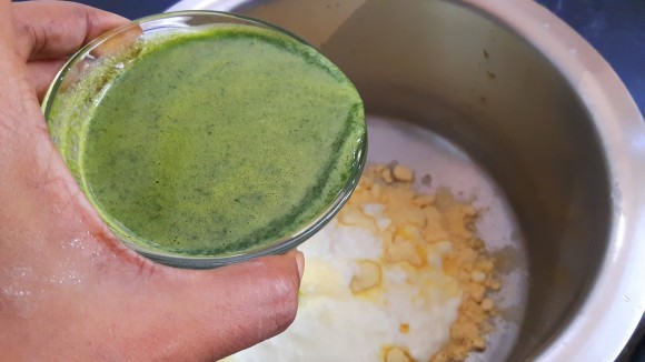 put Besan, curd, spinach juice, salt, roasted cumin powder, turmeric powder and chili powder.