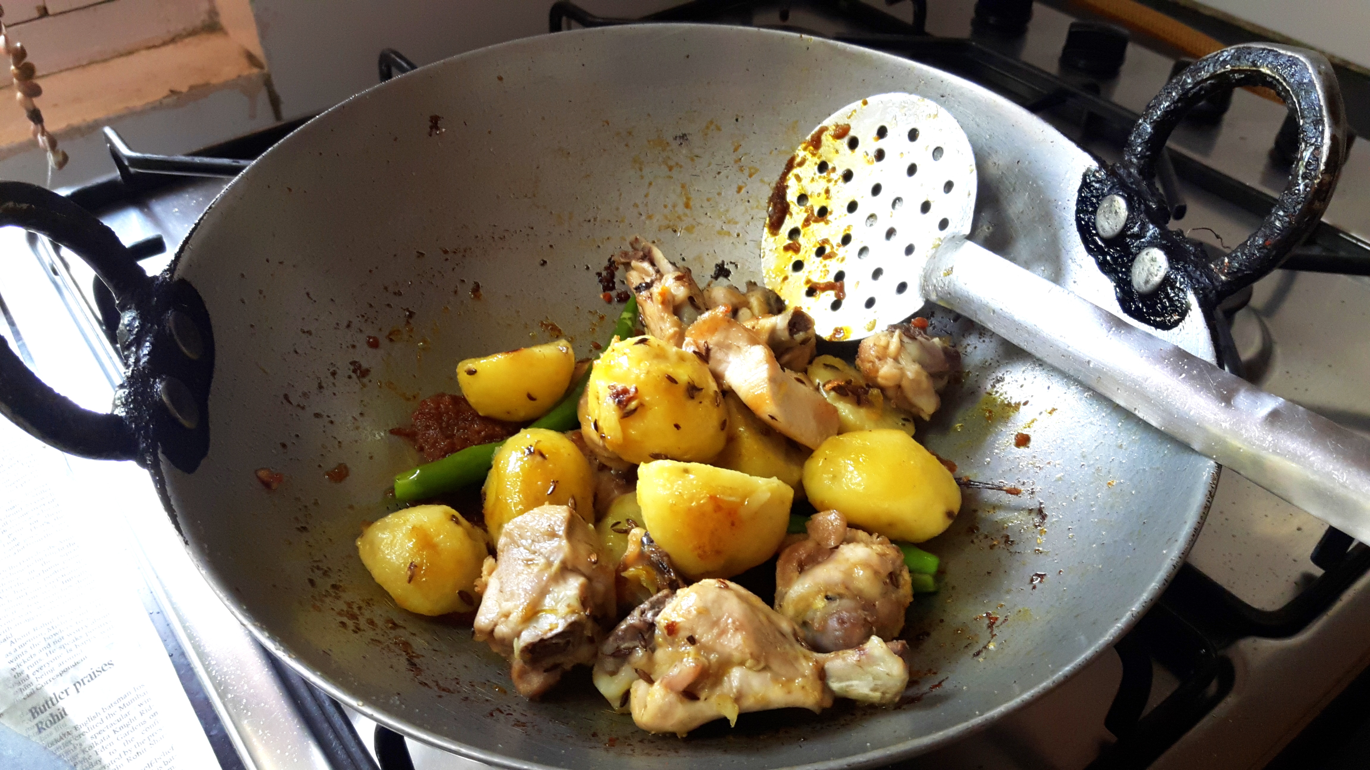 Add fried potato and chicken