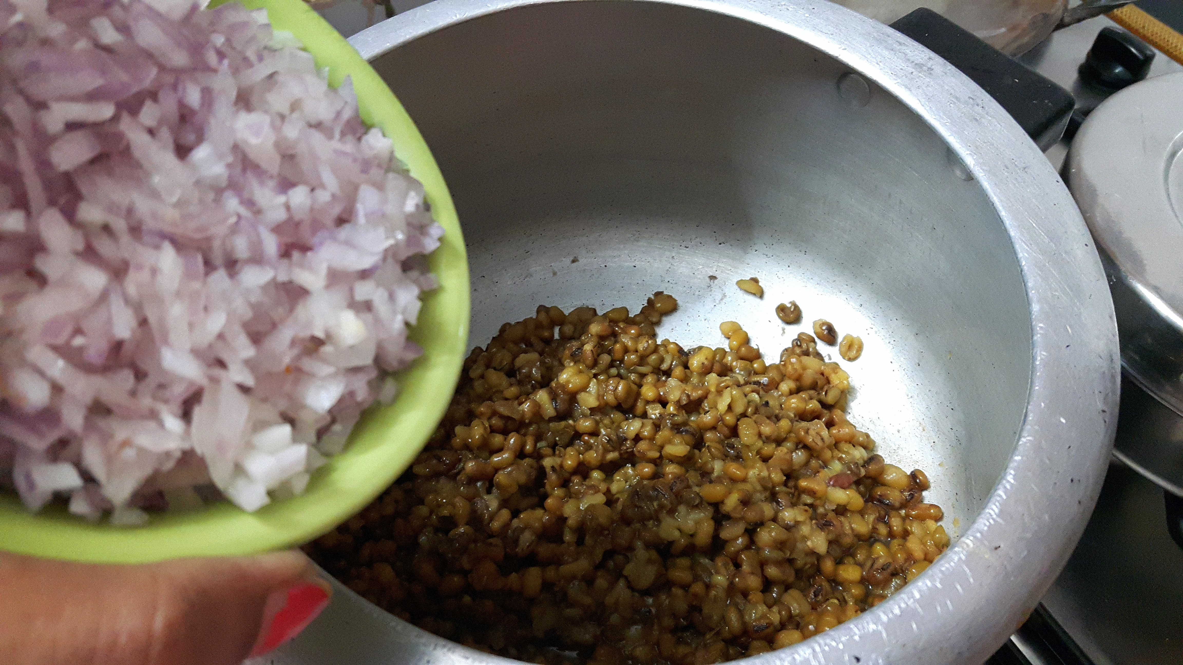 Add chopped onion, green chili, ginger and mustard oil