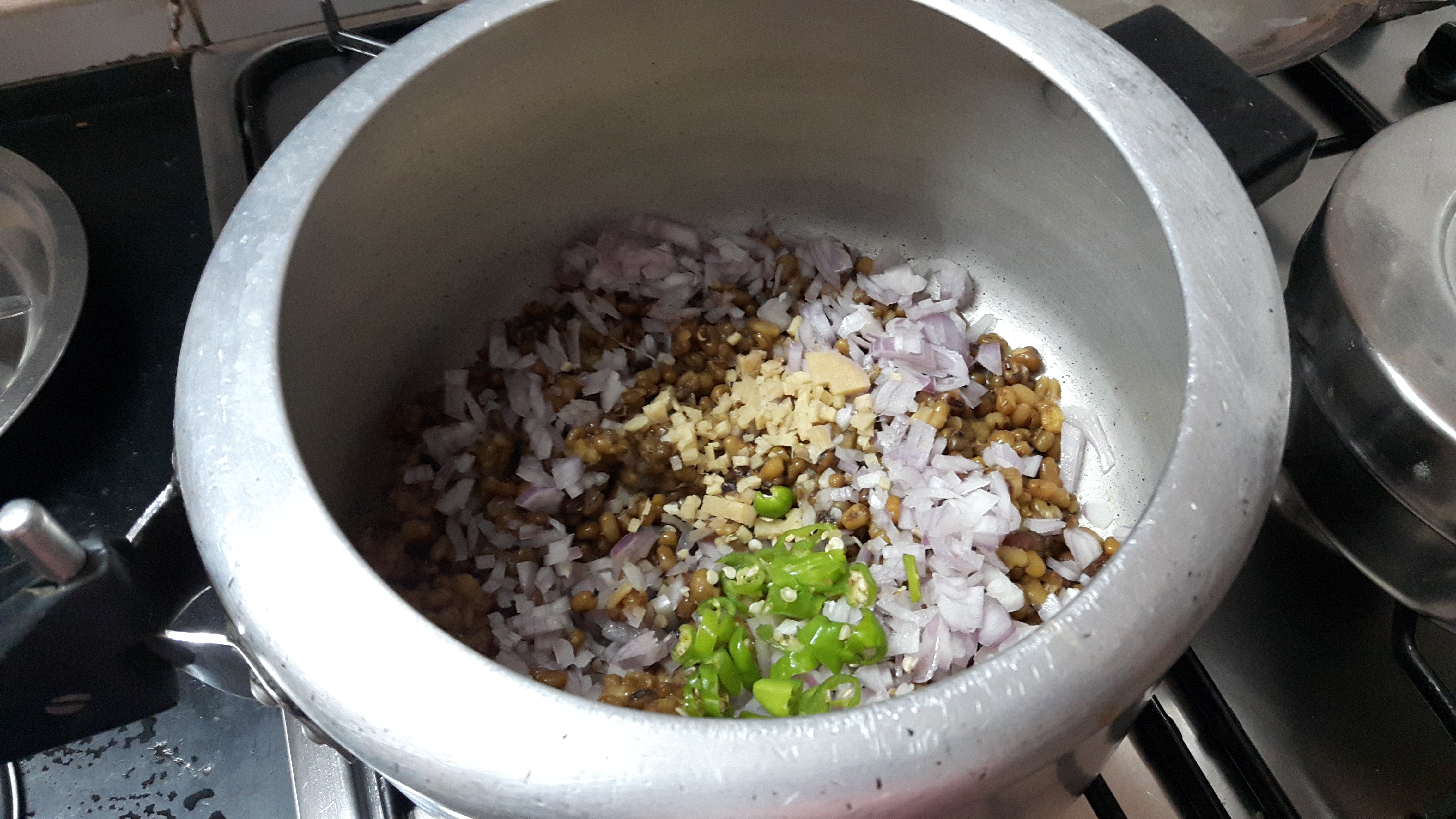 Add chopped onion, green chili, ginger and mustard oil