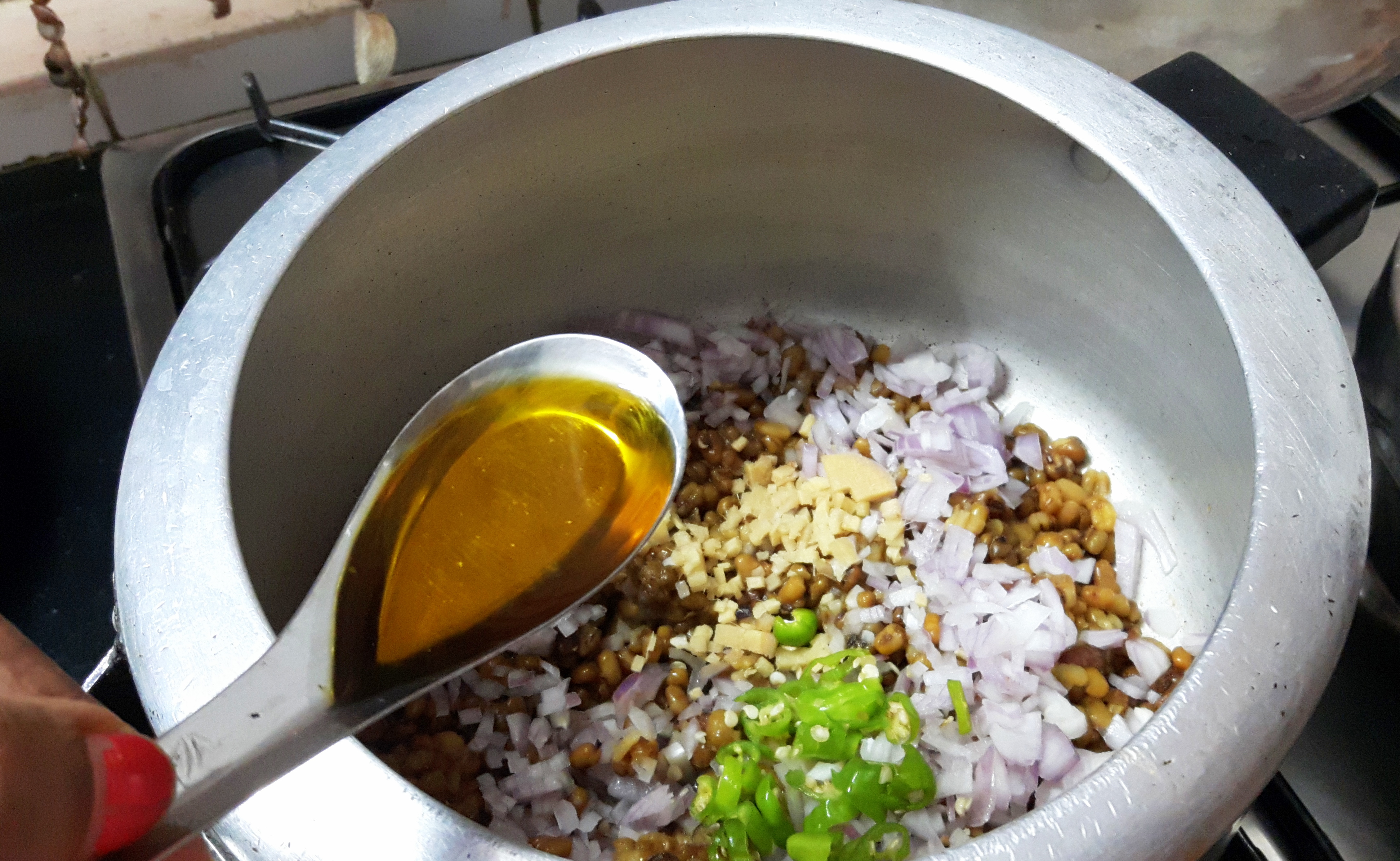 Add chopped onion, green chili, ginger and mustard oil