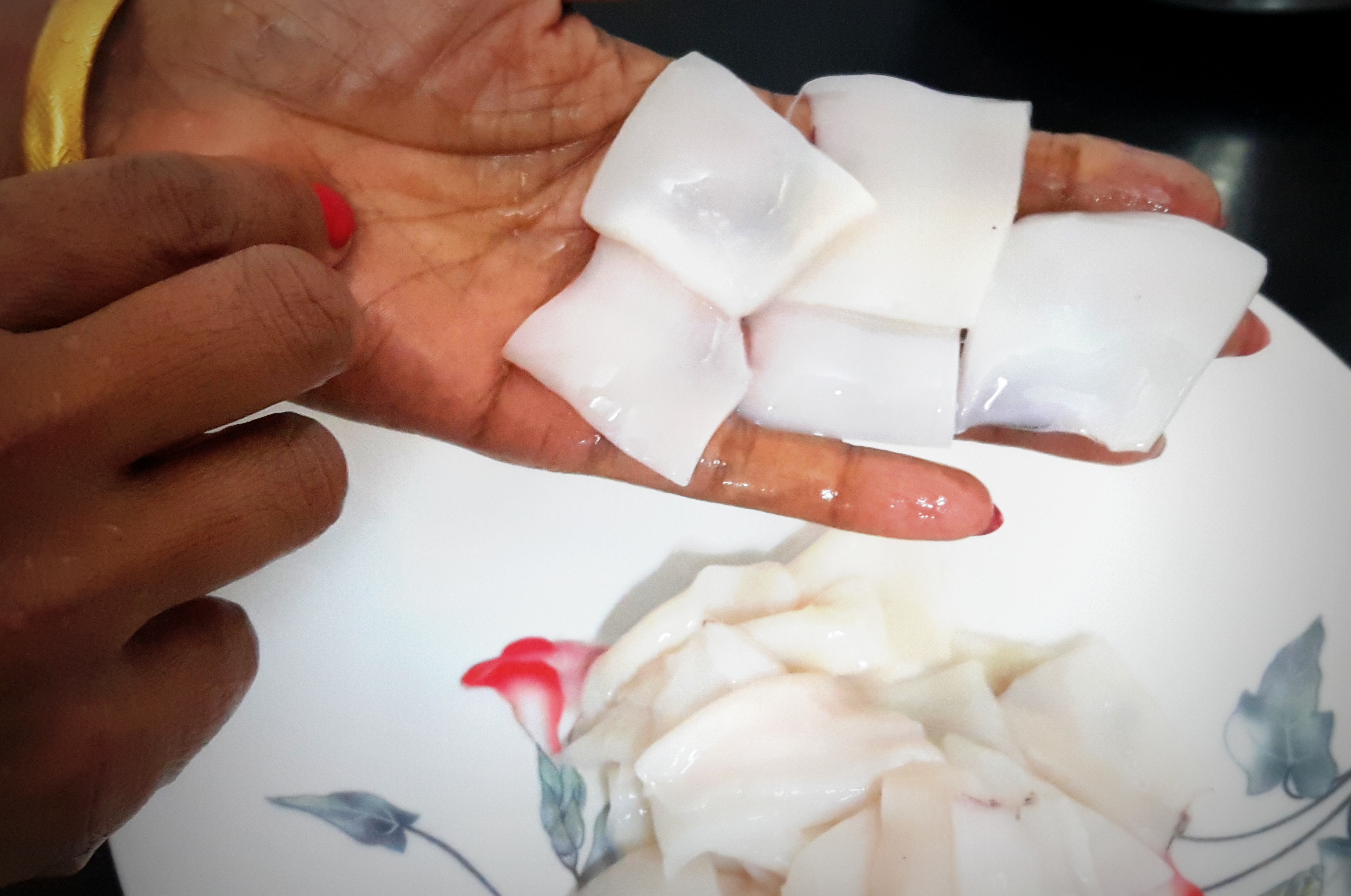 Cut the fish as your desire shape either ring or square shape.