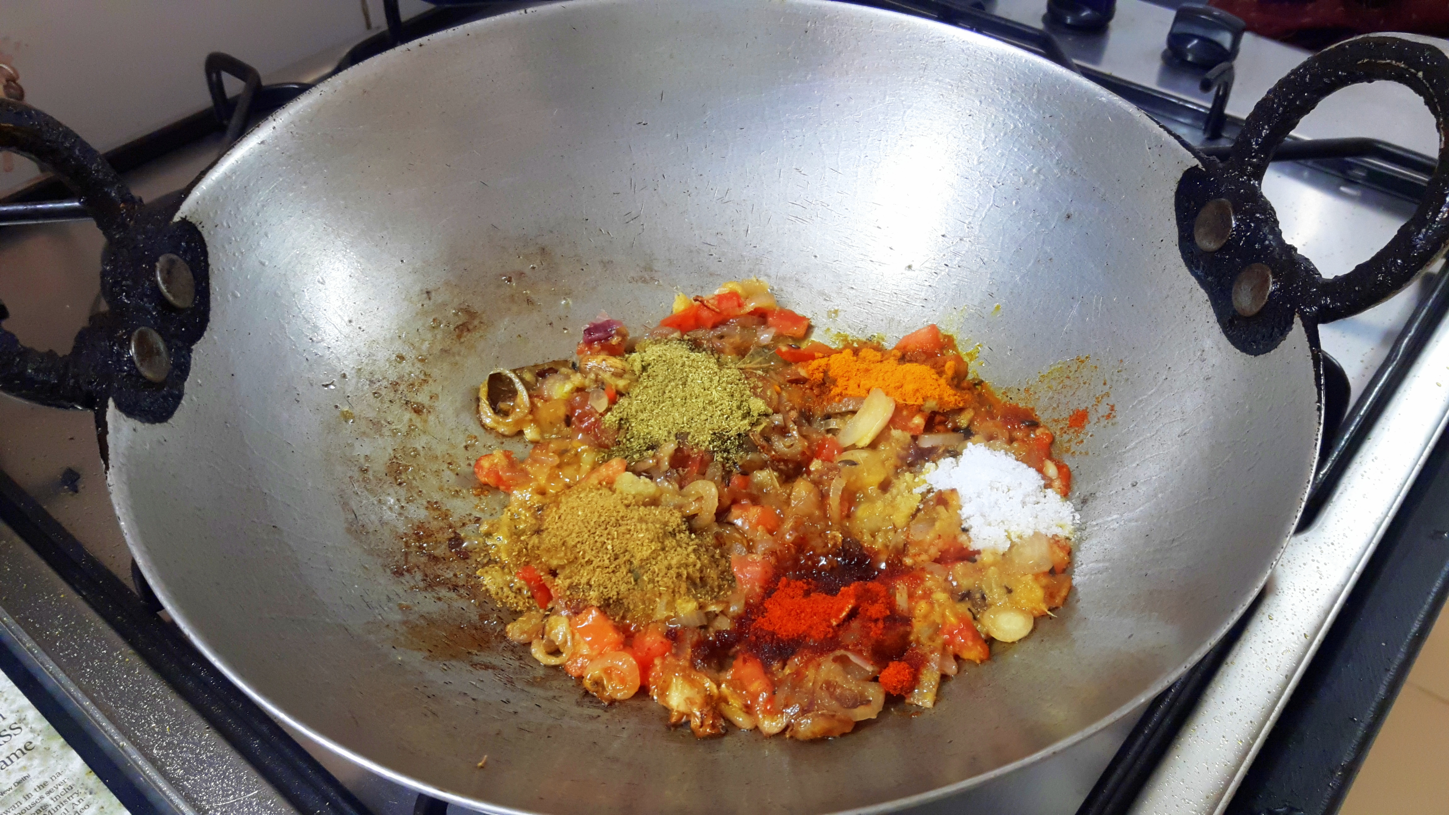 add salt, chili powder, turmeric powder, coriander powder and fennel seed powder