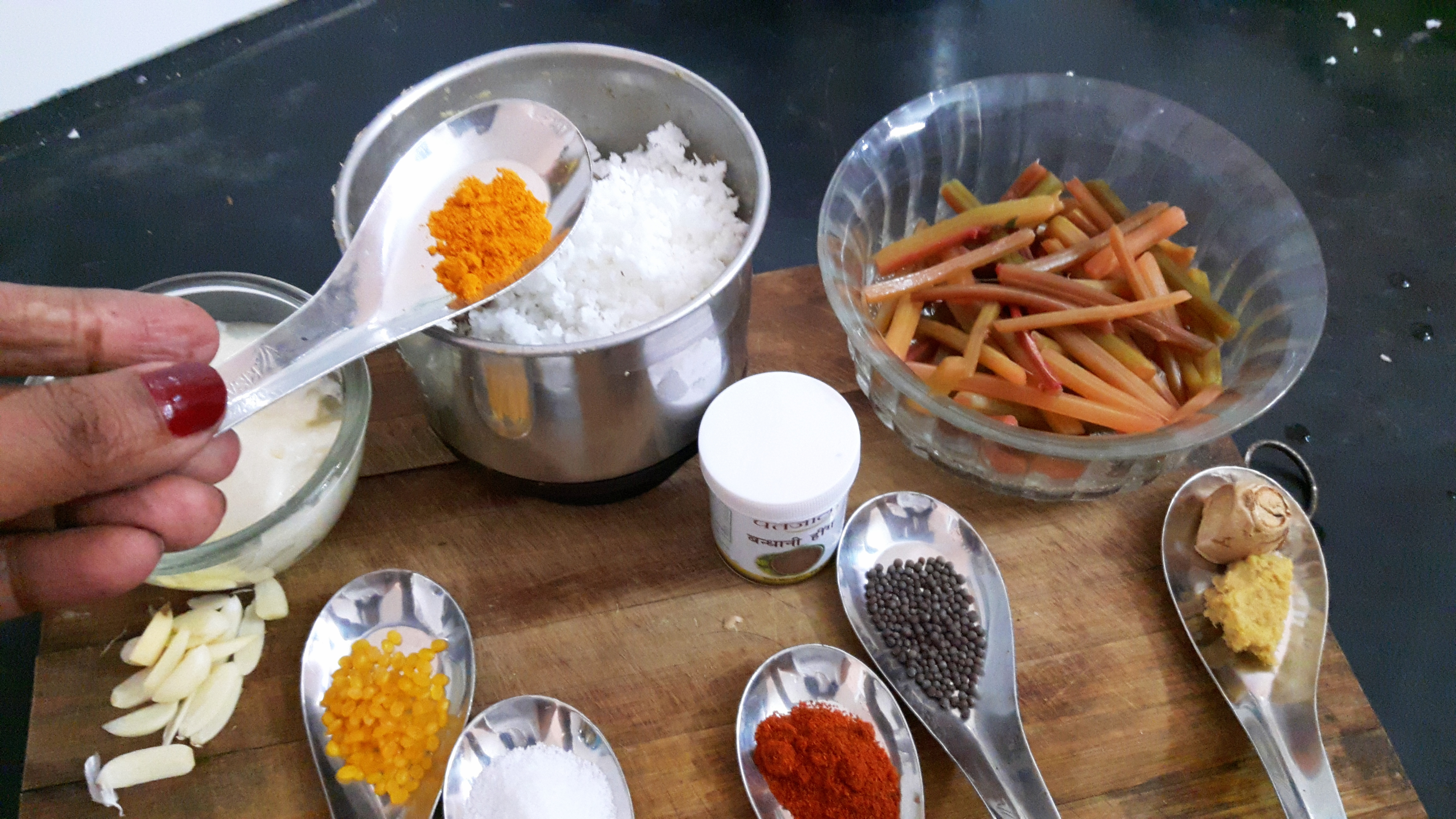 add half quantity of garlic, ginger, cumin, turmeric