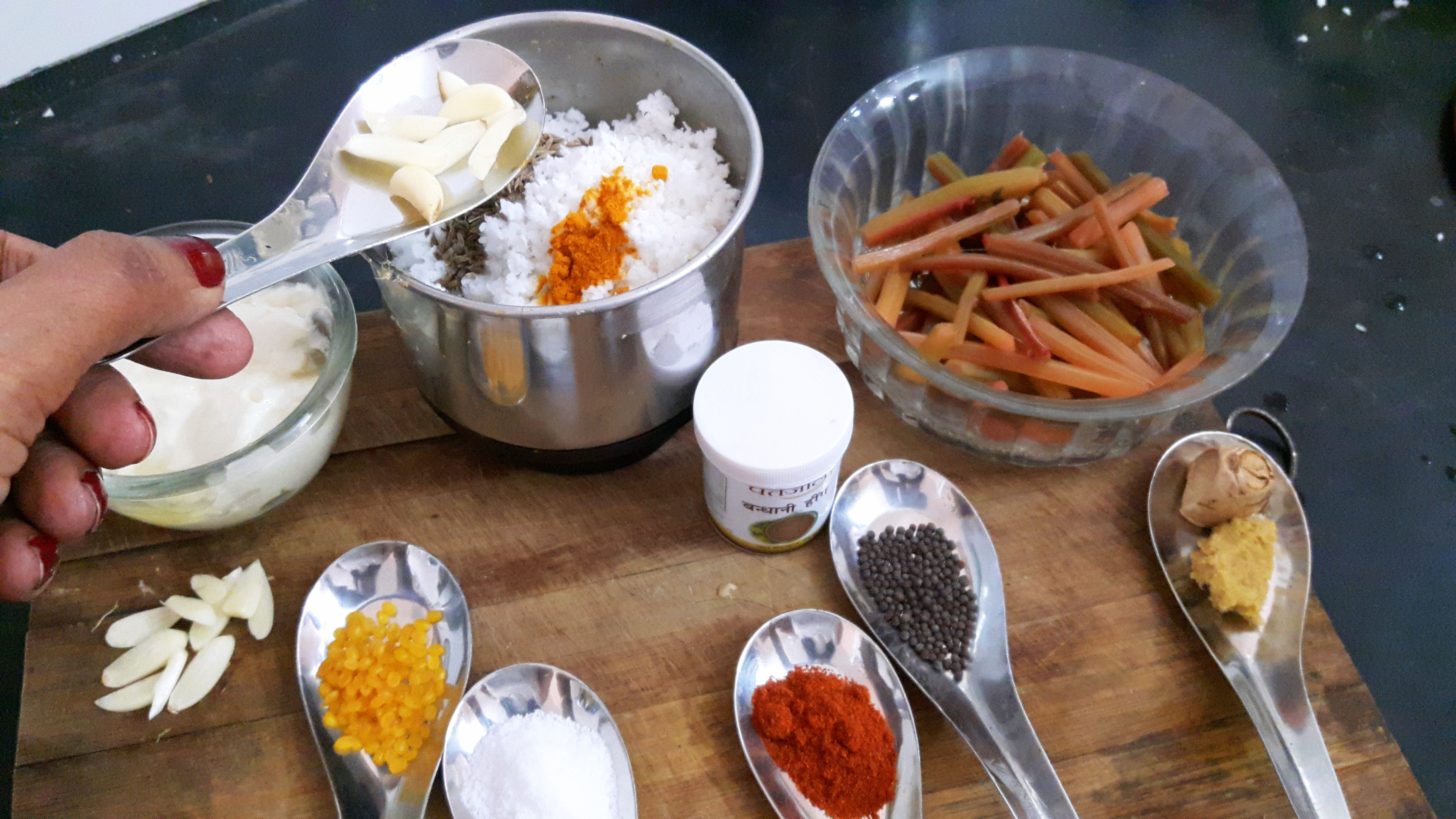 add half quantity of garlic, ginger, cumin, turmeric