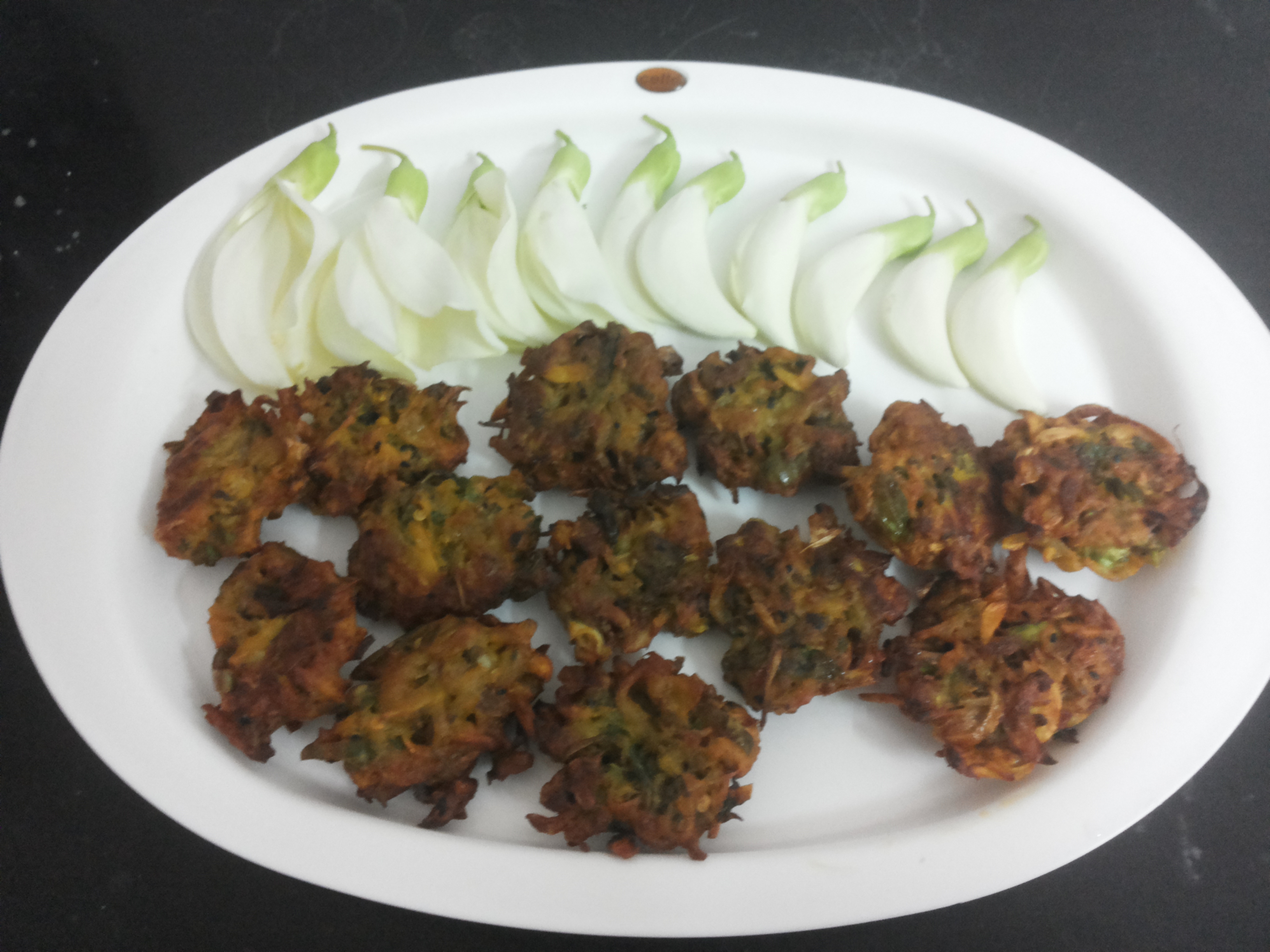 August phool and onion pakoda (fritters)