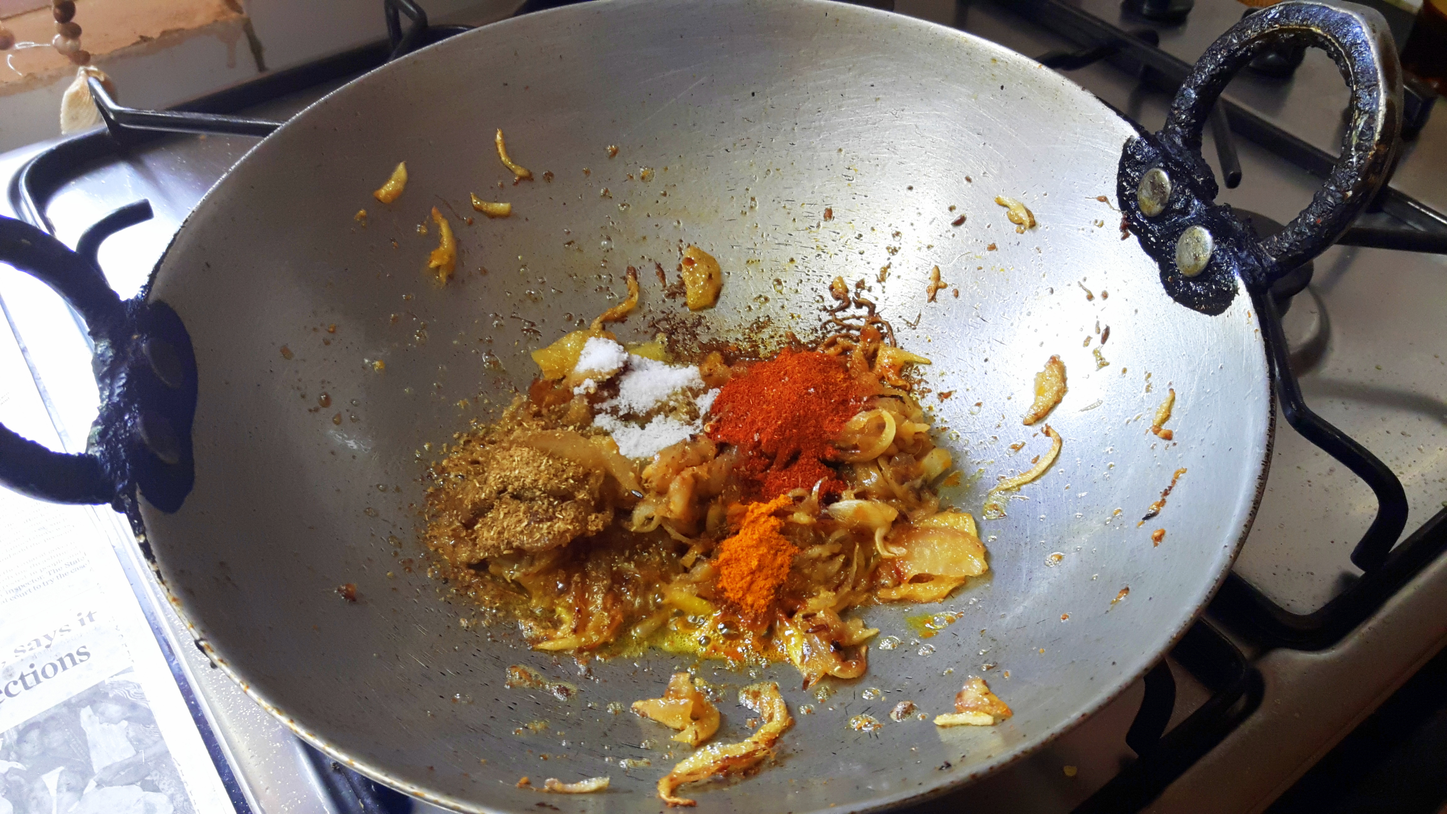 Add salt, chili powder, coriander powder, turmeric powder
