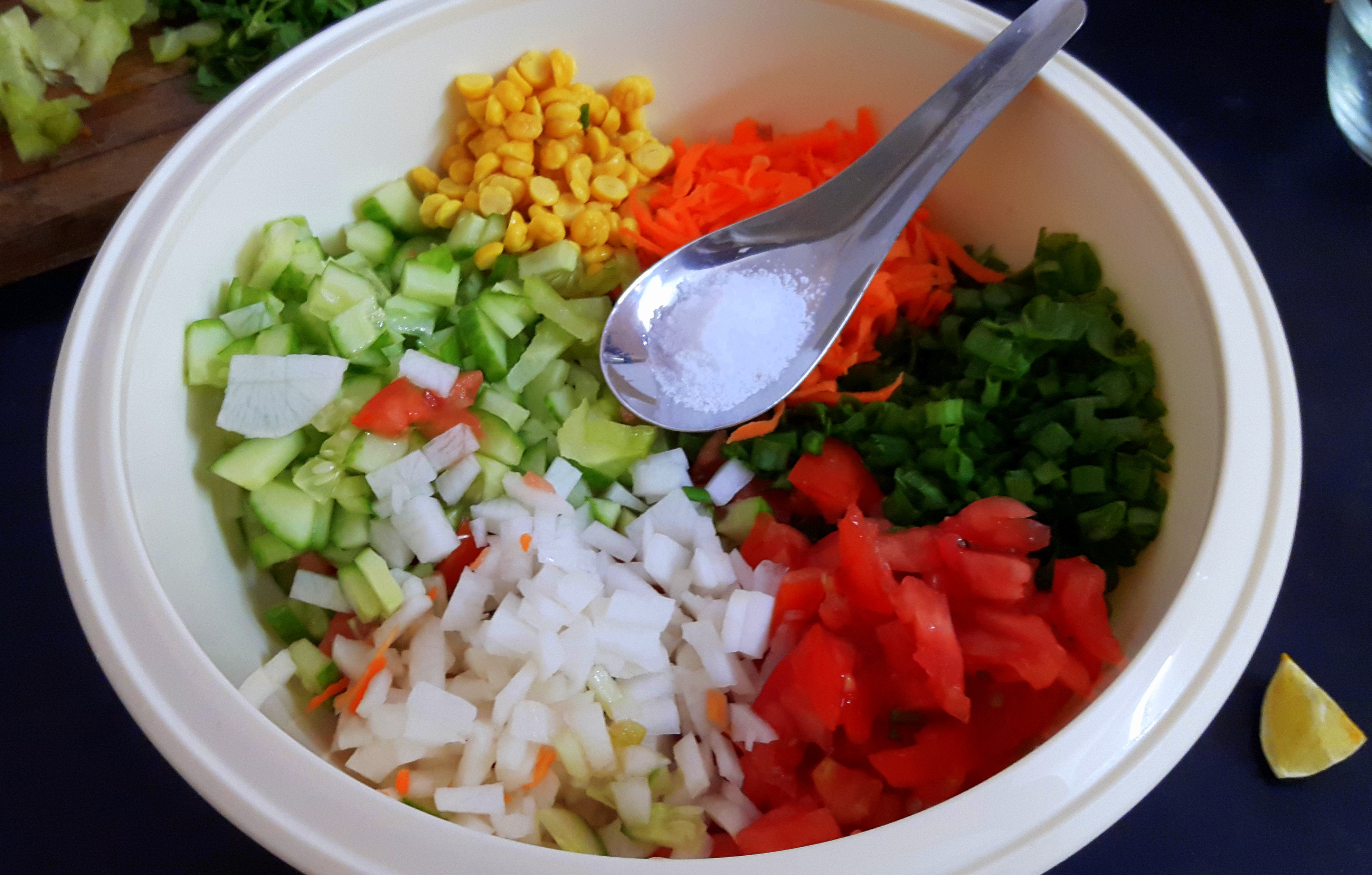 chopped and grated ingredients into bowl