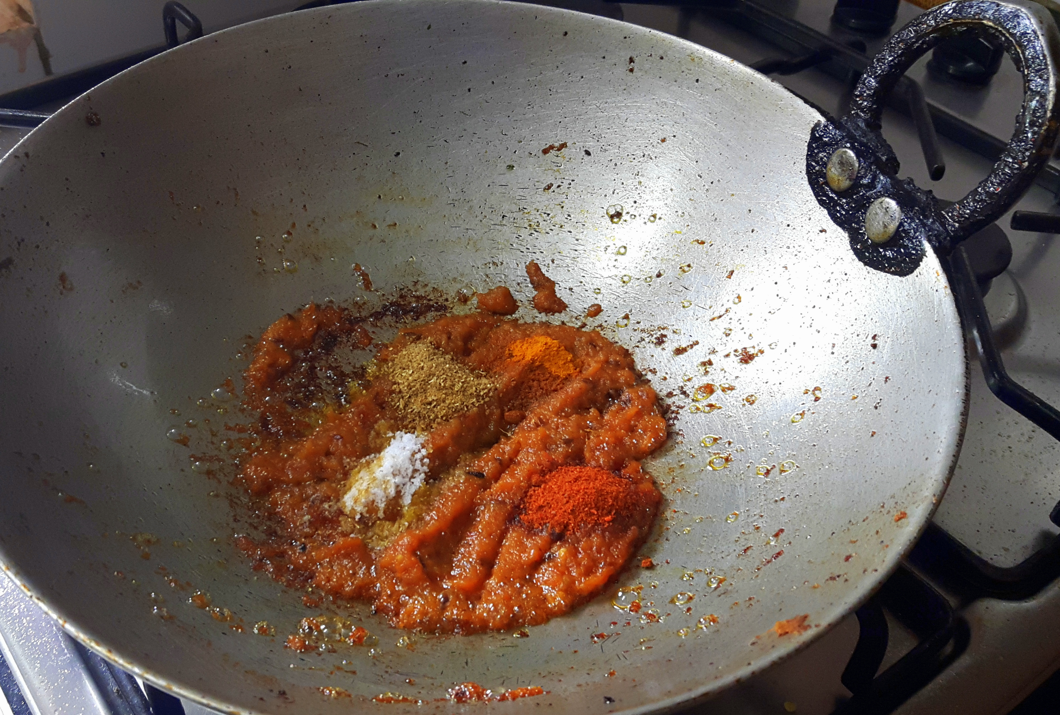 add salt, chili, coriander, turmeric powder