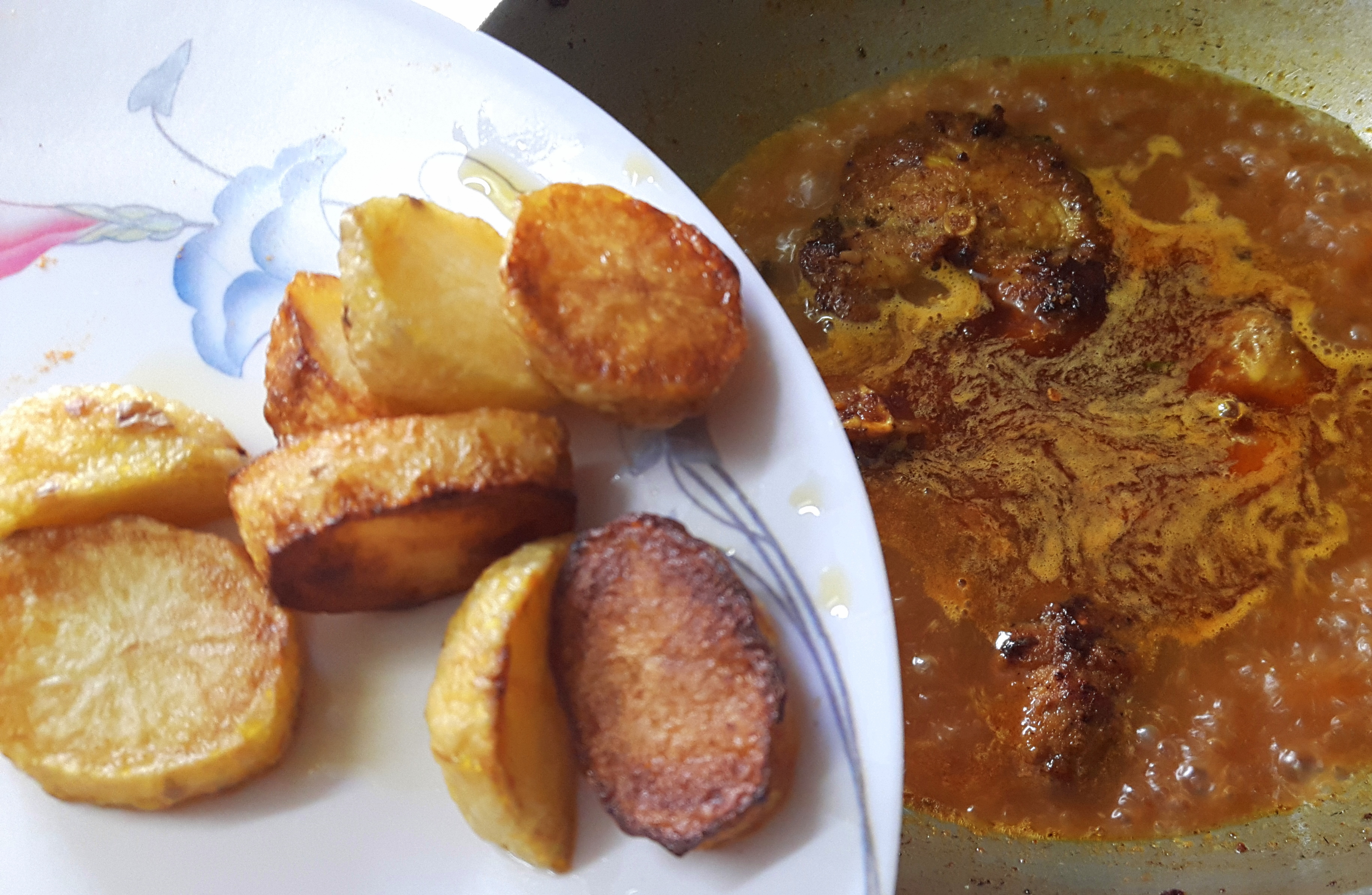 add fried fish and fried potatoes