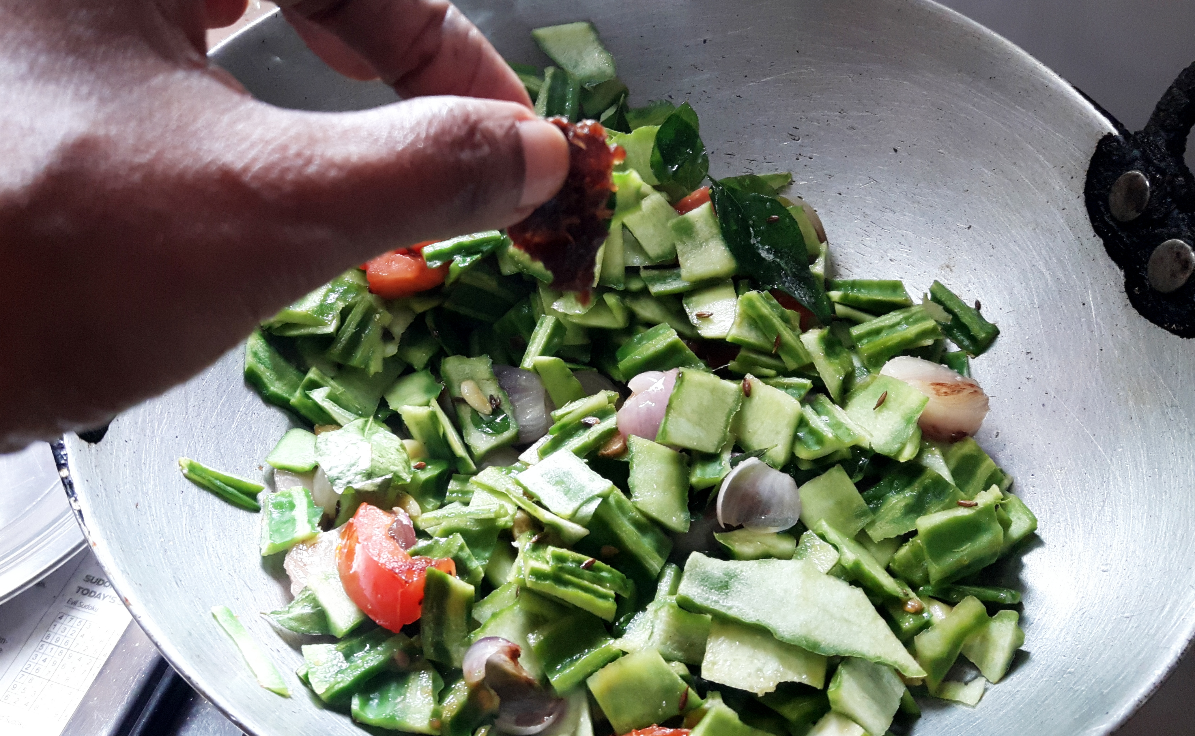 Add salt, tamarind pulp and red chili