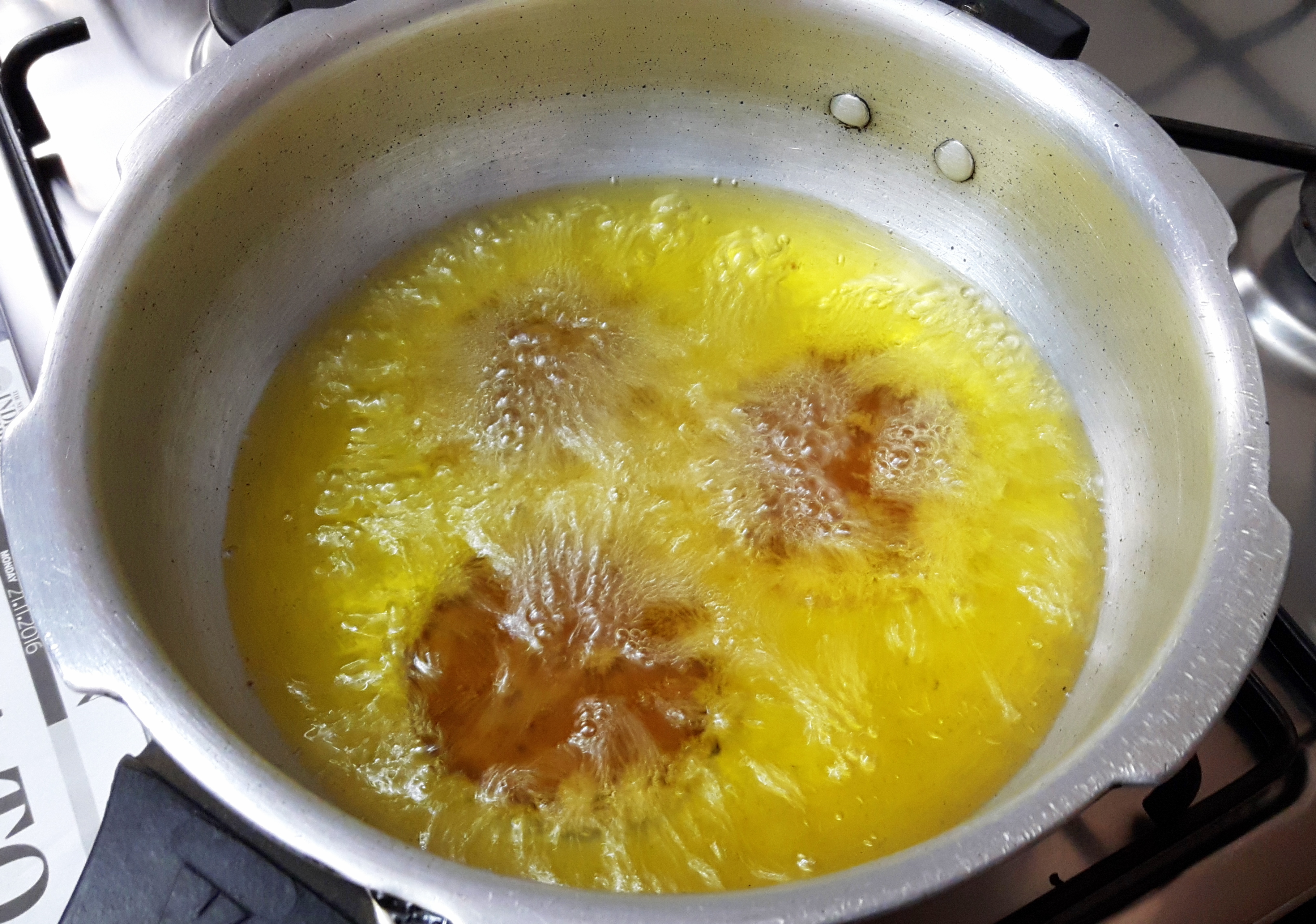 Pour a ladleful of batter