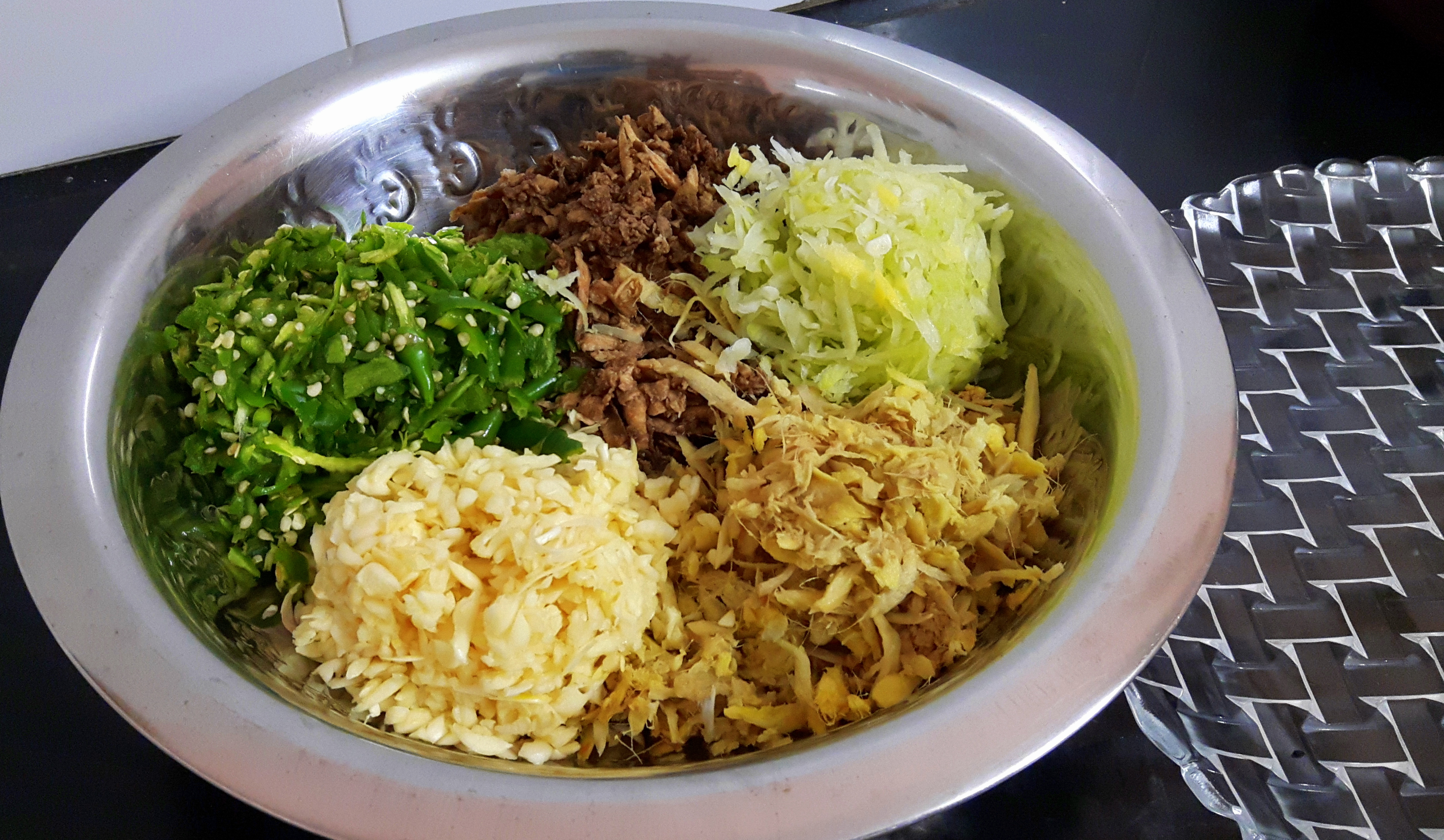 Mix all prepared ingredients except oil