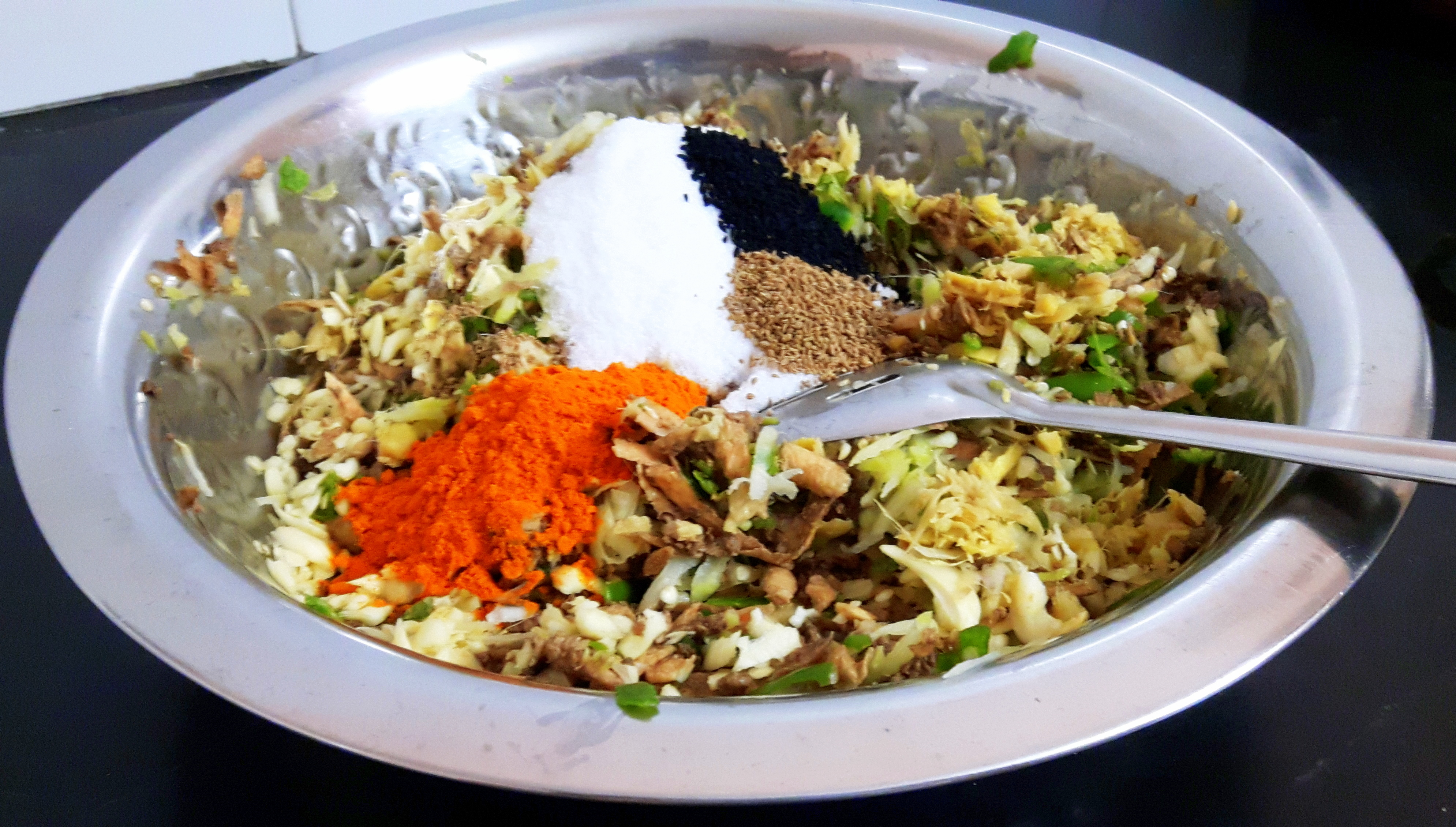 Mix all prepared ingredients except oil