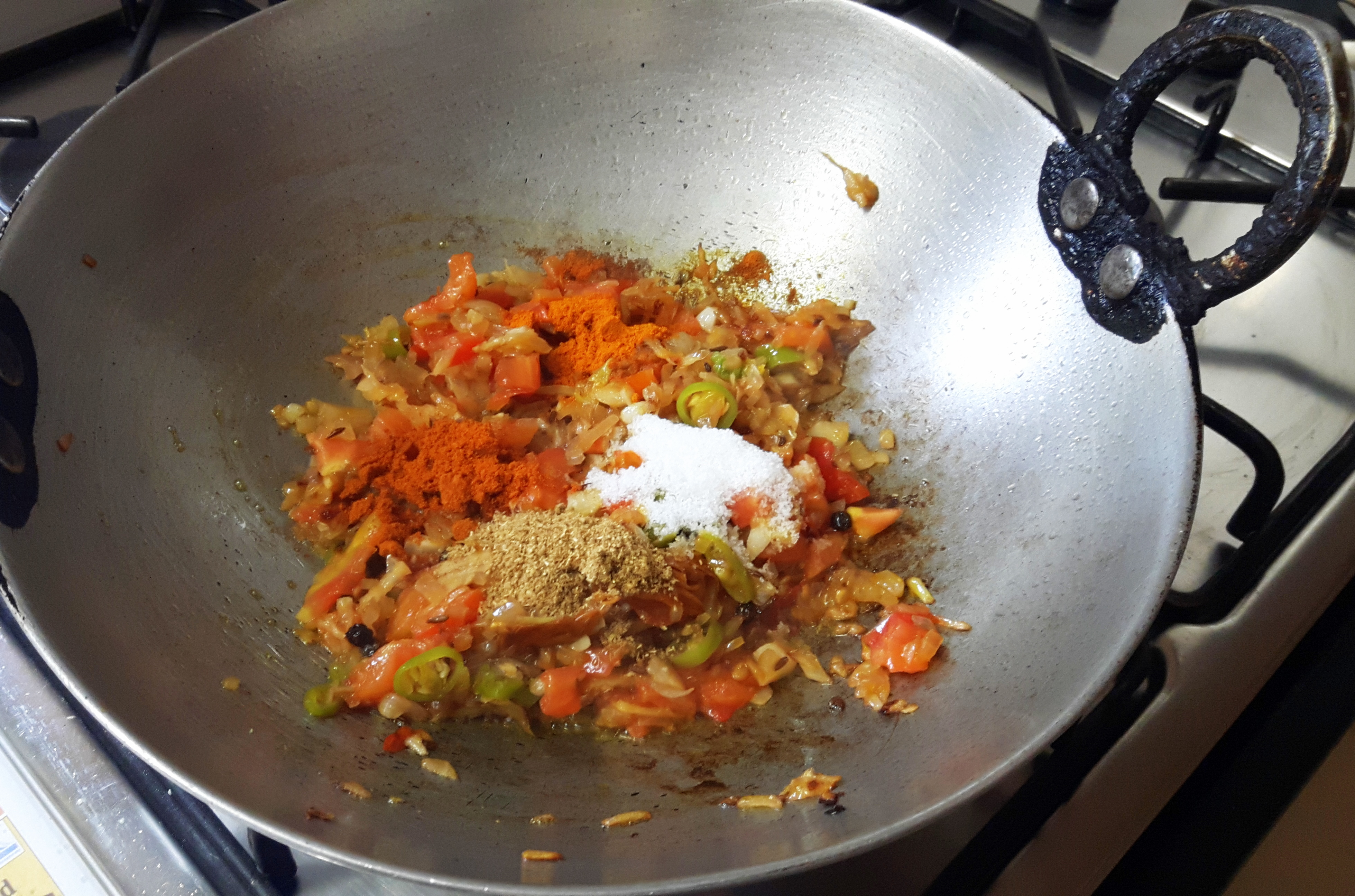 add salt, turmeric powder, coriander powder, chili power