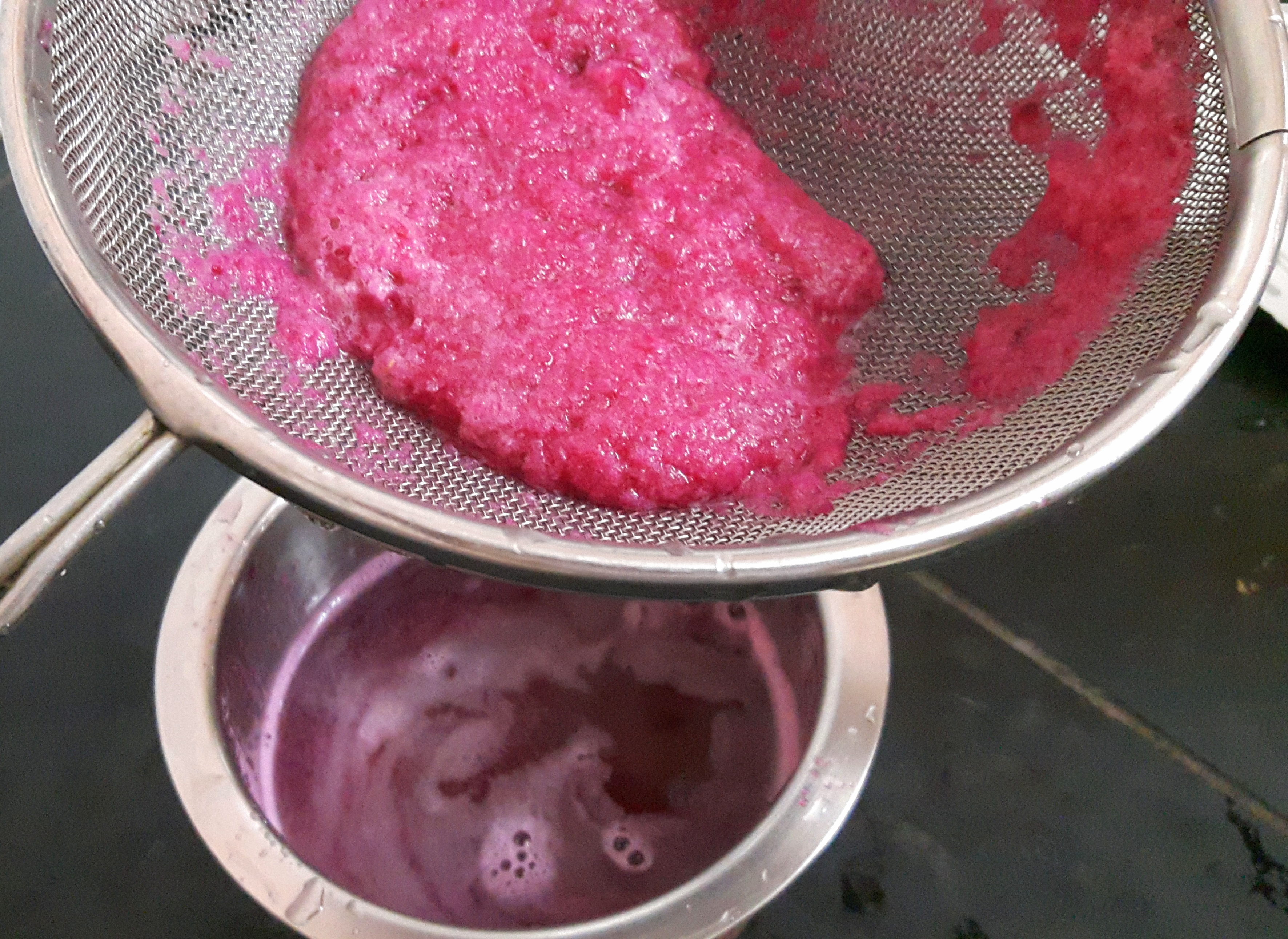 Pour ground paste, and sieve