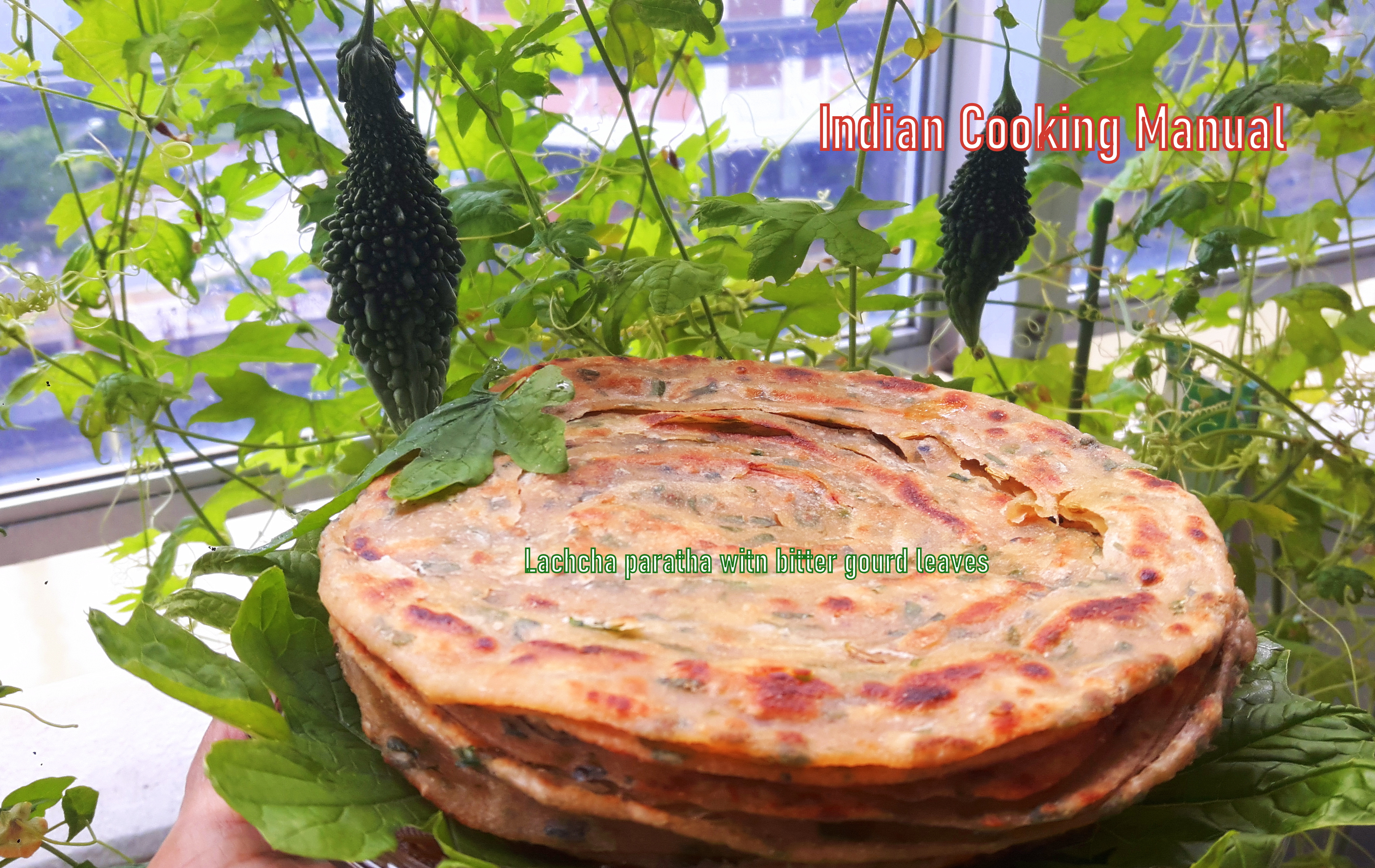 Lachchha paratha with karela leaves (layered paratha with bitter gourd leaf)