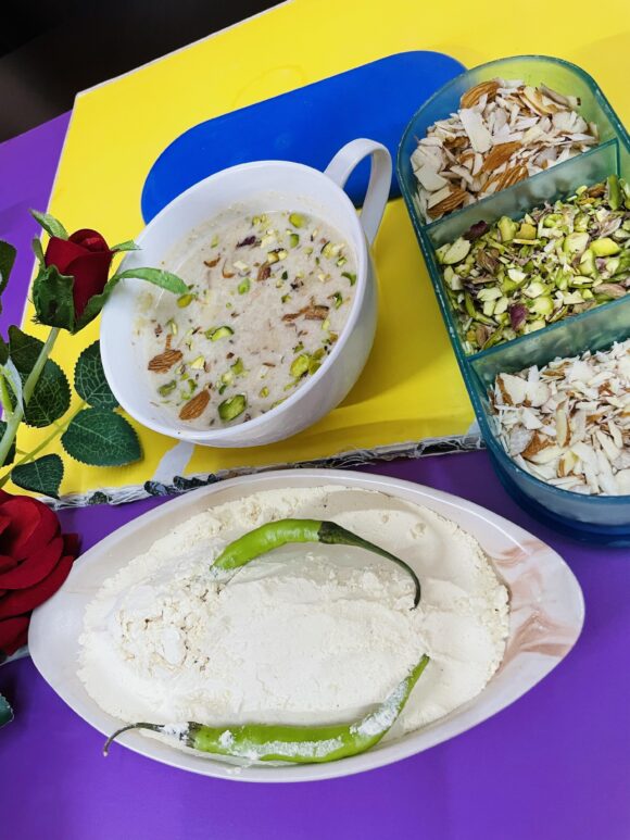 decorate with sliced almond and cashew nut.