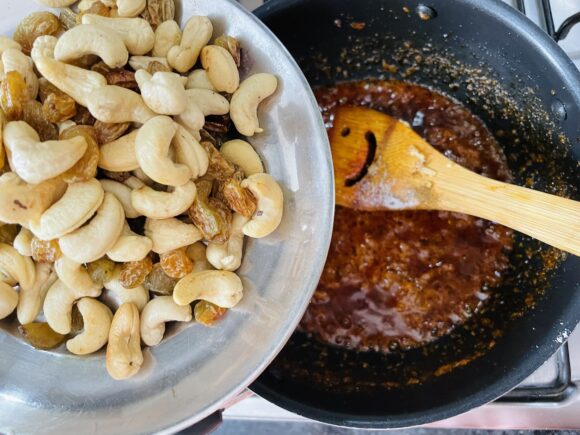 Add salt and soaked dry dates, fried cashew nut and raisin,