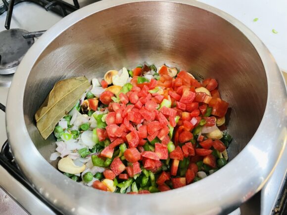 Add chopped beans; fry for 1 minute, add onion and carrot
