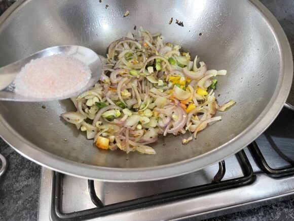 Add salt, coriander and cumin powder, turmeric powder and dried kasuri methy