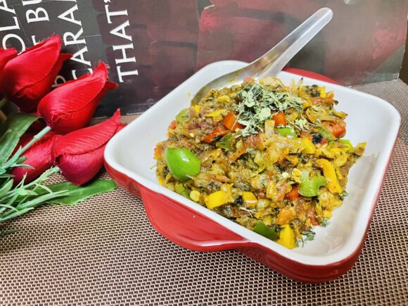 Baigan Bhurta with Kasuri Methi (Eggplant Mash with Dried Fenugreek Leaves)”is ready.