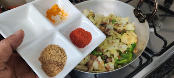 Add salt, turmeric, coriander, chilli powder 