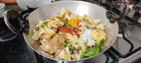 Add salt, turmeric, coriander, chilli powder 