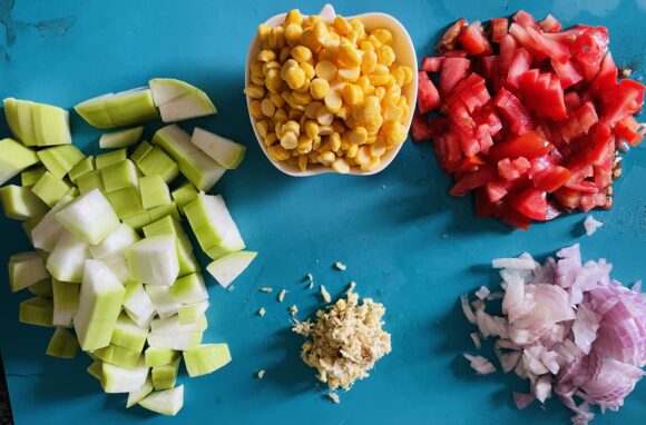 Peel and chop lauki into 1/2” cubes (as shown in photo)