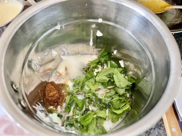 Grind mint leaves, blend with the yogurt and salt