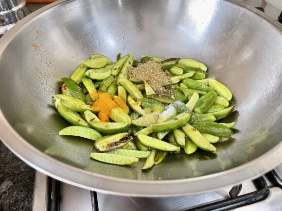 Add chilli powder, coriander powder, cumin powder, fennel seed powder and turmeric powder