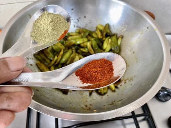 Add chilli powder and fennel seed powder
