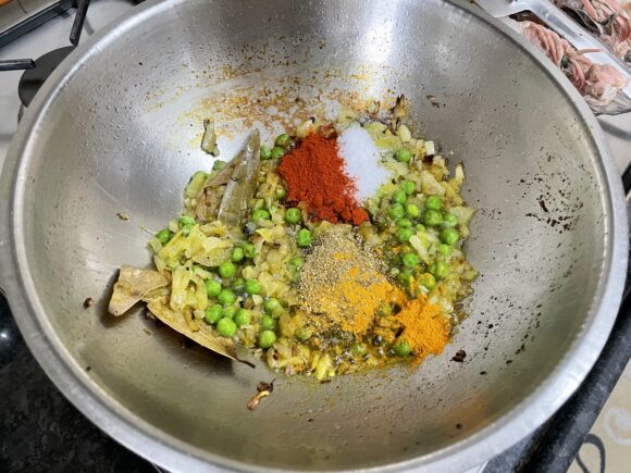 Add coriander powder, cumin powder, turmeric powder and chilli powder