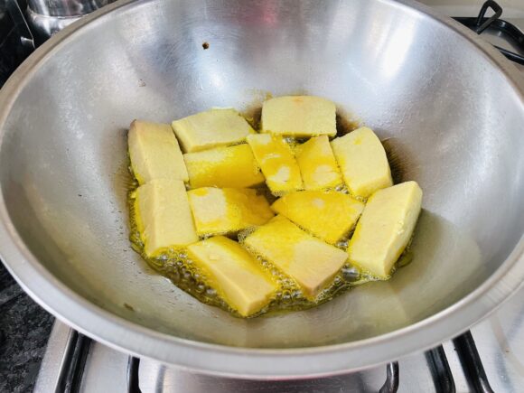 stir fry the boiled Suran on medium flame for 2-3 minutes