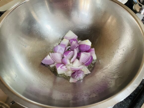 Add onion dice; stir-fry for couple of minutes